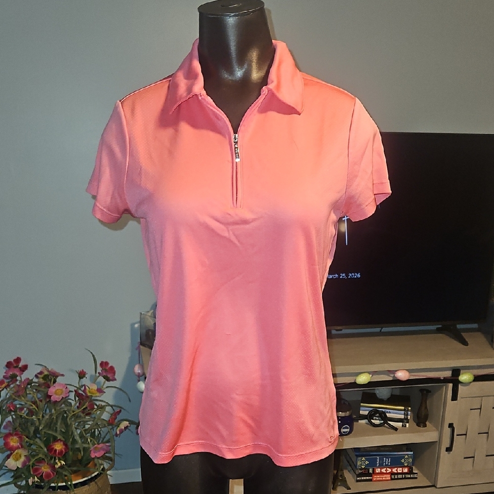 Women’s Izod Pink Short-Sleeve Zip Polo Top, Size SM